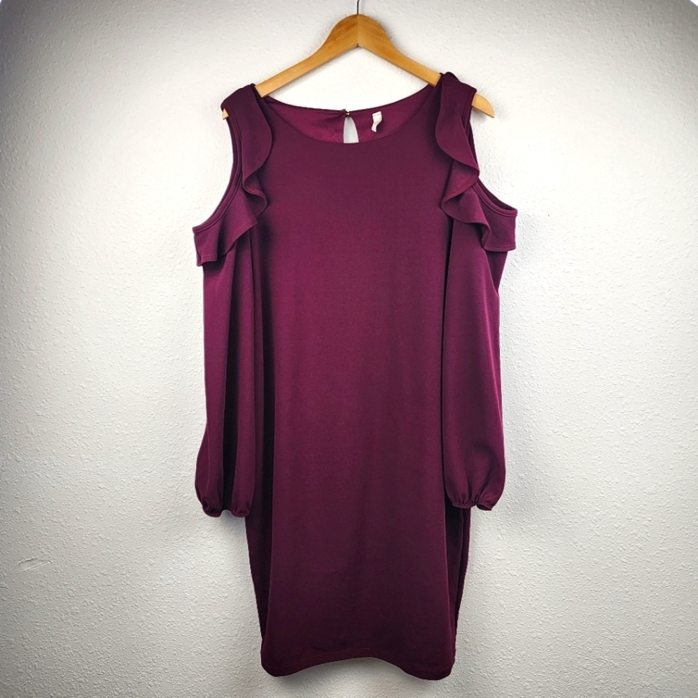 PinkBlush Women Size XL Ruffle Cold-Shoulder Shift Dress Long Sleeve Burgundy